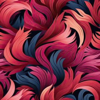 Seamless abstract floral patterns in red, blue, and black colors with fine feather details (tiled)