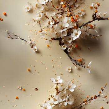 Dried floral branches with white and orange seeds on beige surface (tiled)