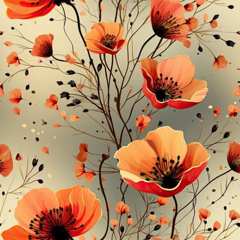 Seamless pattern with orange poppy flowers, gray and gold (tiled)