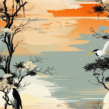 Abstract background with cranes flying in a Japanese-style landscape (tiled)