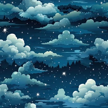 Seamless pattern of clouds over a forest in a whimsical style (tiled)