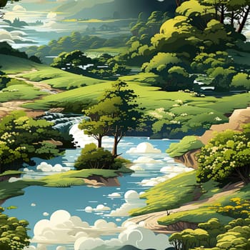 Manga-style illustration of a forest scene with a stream and trees (tiled)