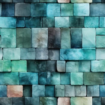 Abstract textured wall of green, blue, and turquoise colored blocks (tiled)