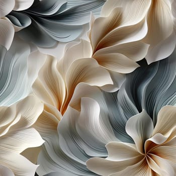 Paper flowers in blue, brown, and khaki with futuristic chromatic waves background (tiled)