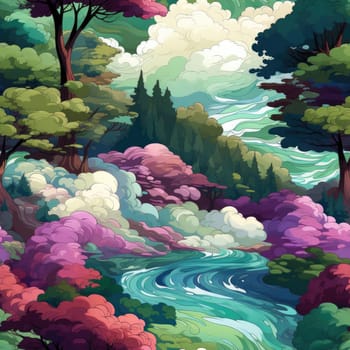 Colorful cartoon-style painting of a forest with clouds and trees (tiled)