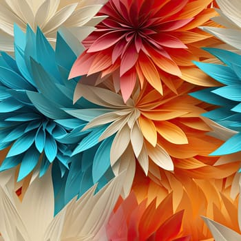 Colorful flower wallpaper with blue and orange leaves in hyper-detailed style (tiled)