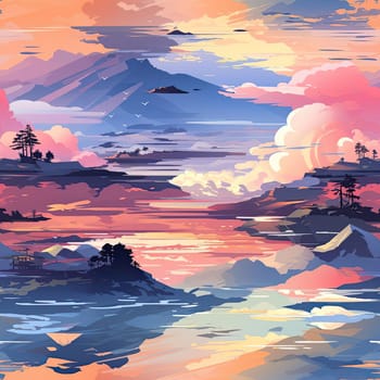 Sunrise painting of mountains and clouds in a neo-traditional Japanese style (tiled)