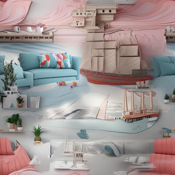 Colorful textured home with buildings and ship (tiled)