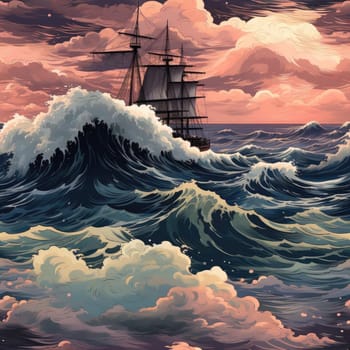 Exquisite ship sailing under big waves on the sea (tiled)