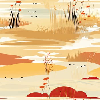 Pattern of grass and birds in warm colors in a grassland (tiled)