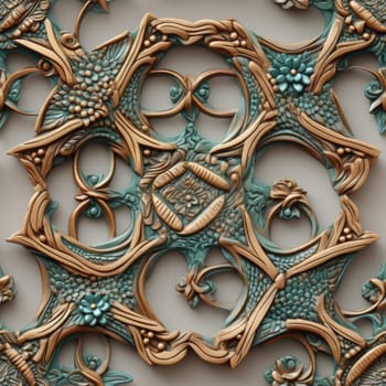 Ornate decoration in light bronze and teal (tiled)