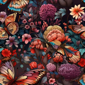 Vibrant seamless pattern with butterflies and red flowers (tiled)