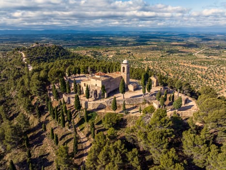 Calaceite Teruel hermitage of San Cristobal, Spain. Aerial view