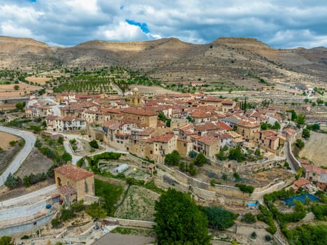 Mirambel in Teruel, Side panoramic aerial view, Spain