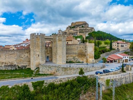 Morella in Castellon, aerial view of the towers of Sant Miquel, Spain