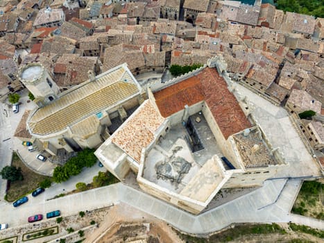Aerial view of Valderrobres Teruel province, Castle and Church of Santa Maria la Mayor Aragon, Spain upper zenithal plane