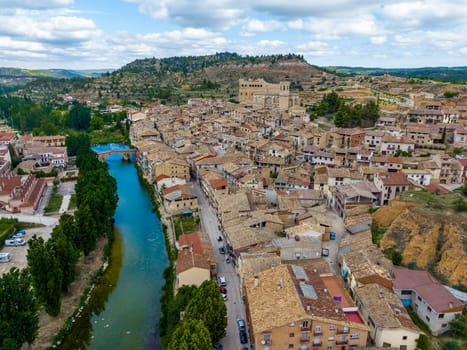 Aerial view of Valderrobres Teruel province, Castle and Church of Santa Maria la Mayor Aragon, Spain View of the river and bridge