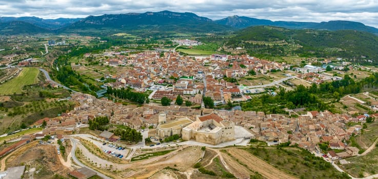 Aerial view of Valderrobres Teruel province, Castle and Church of Santa Maria la Mayor Aragon, Spain great panoramic