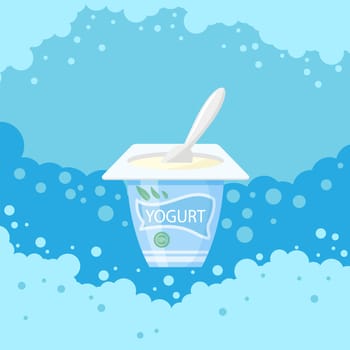 Raster fresh yogurt container and plastic spoon isolated on blue bubble background.