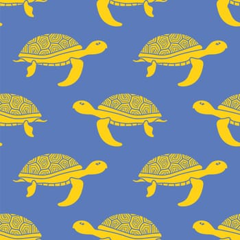 Raster Yellow Ocean Turtle Icon Seamless Pattern Isolated on Blue Background. Sea Graphic Simple Animal Texture.
