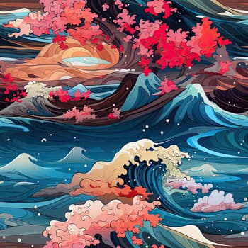 Japanese-style seamless patterns with summer sunset and stormy seascapes (tiled)