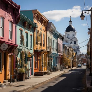 Street with a line of colored houses in classical revival style