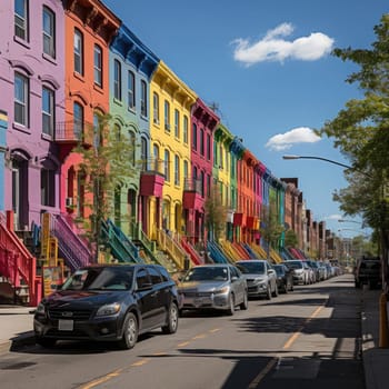 Colorful street with a row of multicolored houses