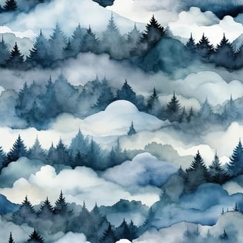 Moody watercolor forest pattern with mountainous vistas (tiled)