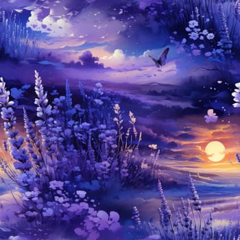 Lovely purple background with flowers and moon (tiled)