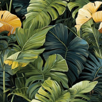Jungle leaves seamless pattern with realistic landscape paintings (tiled)