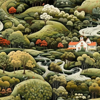 Painting of a beautiful countryside with repeating patterns (tiled)