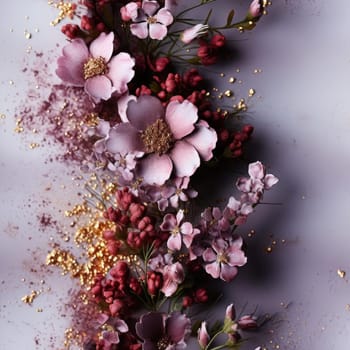 Pink flowers with gold sparks on a gray background (tiled)