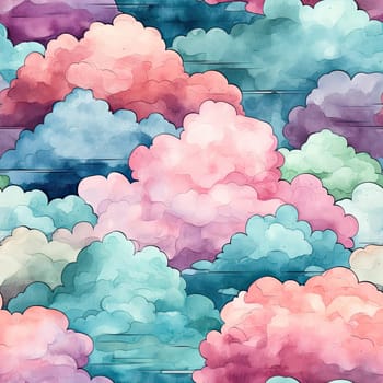 Colorful watercolor clouds abstract pattern with whimsical illustration (tiled)