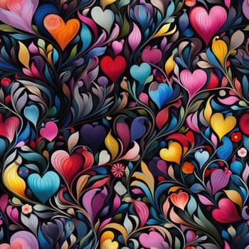 Colorful heart and floral pattern with organic forms and moody colors (tiled)