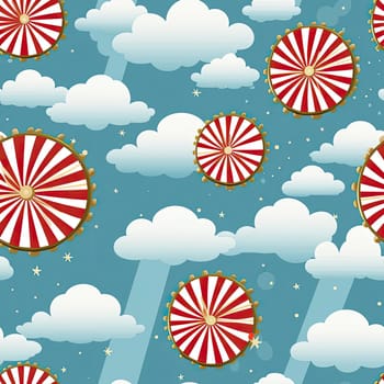 Seamless pattern with fireworks and clouds in a gravity-defying style (tiled)