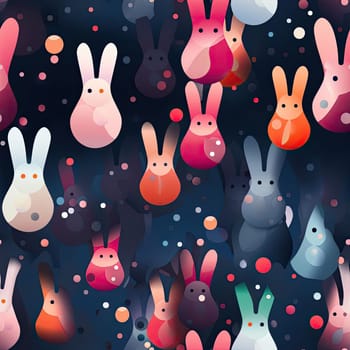 Colorful rabbits on a dark background in a playful pattern (tiled)