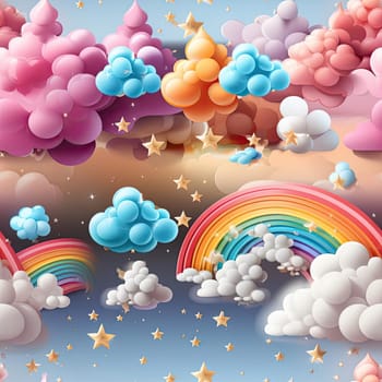 Colorful clouds and rainbow illustrations with stars (tiled)