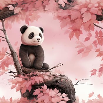 Panda sitting on a branch amidst pink and yellow leaves (tiled)