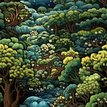 Illustration of a neogothic forest with blue tree branch line on a blue wall (tiled)