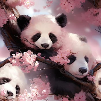 Four pandas surrounded by pink blossoms on a tree branch (tiled)