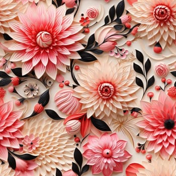 3D paper cut seamless pattern with pink and black flowers (tiled)