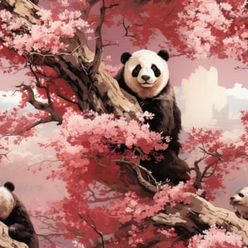 Realistic portrait of four pandas in a cherry blossom tree (tiled)