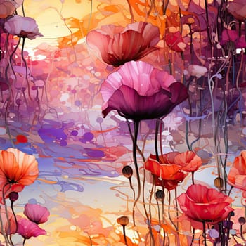 Watercolor flowers in the field at sunset in a neo-abstract realism style (tiled)