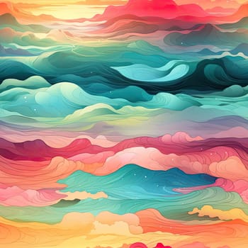 Abstract watercolor waves and sunset with psychedelic landscapes (tiled)