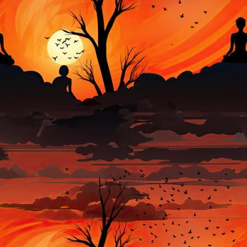 Serene sunset scene with silhouettes and gothic illustration elements (tiled)