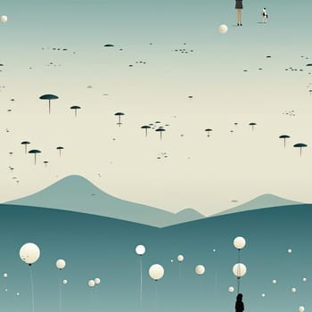 Whimsical illustration of people flying with white balloons (tiled)
