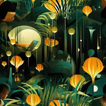 Illustration of a forest with lanterns, inspired by afrofuturism and exotic flora and fauna (tiled)