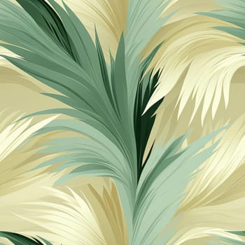 Abstract tropical pattern in green, beige, and cream with fur and feather textures (tiled)
