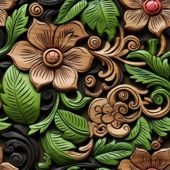 Intricately carved wooden flower pattern with green leaves (tiled)