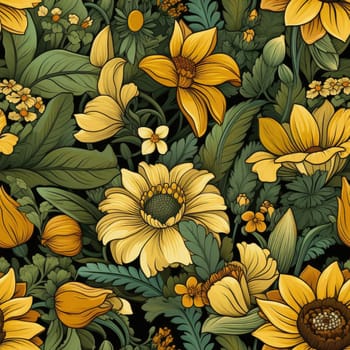 Colorful seamless pattern featuring yellow sunflowers and dark gold details (tiled)
